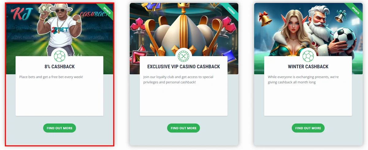 22Bet Kenya Cashback Bonuses and Weekly Cashback Screenshot